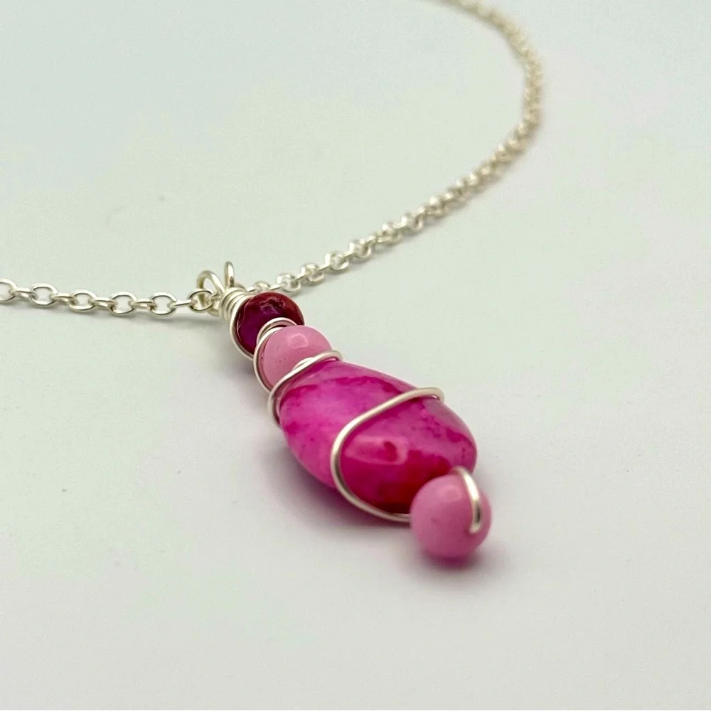 Wire-Wrapped Pink Gemstone Teardrop Pendant Necklace
